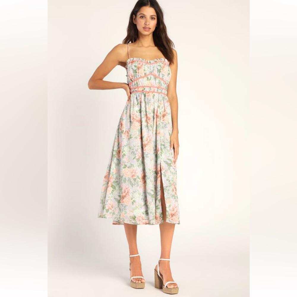 Lulu’s Dear to You Grey Floral Print Backless Lace -Up Midi Dress